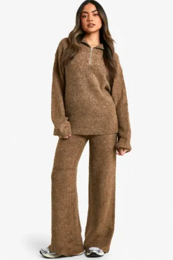 Knitted Co-Ords|Knitwear*boohoo Half Zip Oversized Jumper And Wide Leg Trouser Borg Knit Co-ord camel