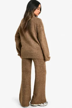 Knitted Co-Ords|Knitwear*boohoo Half Zip Oversized Jumper And Wide Leg Trouser Borg Knit Co-ord camel