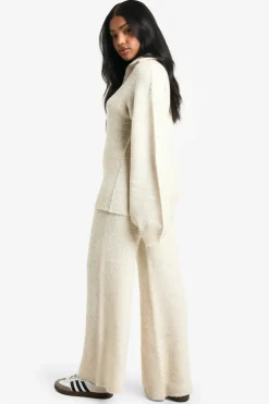 Knitted Co-Ords|Knitwear*boohoo Half Zip Oversized Jumper And Wide Leg Trouser Borg Knit Co-ord cream