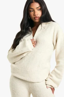 Knitted Co-Ords|Knitwear*boohoo Half Zip Oversized Jumper And Wide Leg Trouser Borg Knit Co-ord cream