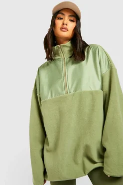Sweatshirts|Hoodies & Sweatshirts*boohoo Half Zip Polar Fleece And Nylon Mix Sweater sage