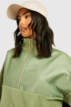 Sweatshirts|Hoodies & Sweatshirts*boohoo Half Zip Polar Fleece And Nylon Mix Sweater sage