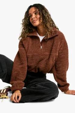 Sweatshirts|Hoodies & Sweatshirts*boohoo HALF ZIP SIDE POCKET OVERSZIED BORG SWEATSHIRT chocolate