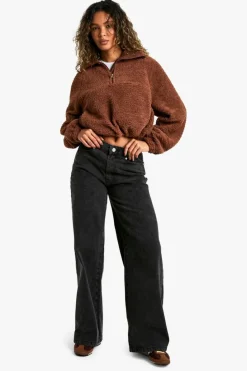 Sweatshirts|Hoodies & Sweatshirts*boohoo HALF ZIP SIDE POCKET OVERSZIED BORG SWEATSHIRT chocolate