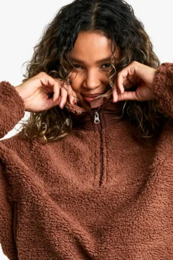 Sweatshirts|Hoodies & Sweatshirts*boohoo HALF ZIP SIDE POCKET OVERSZIED BORG SWEATSHIRT chocolate