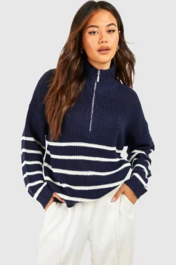 Jumpers|Up To 80% Off Winter Warmers*boohoo Half Zip Stripe Jumper navy