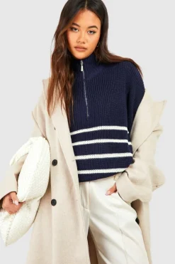 Jumpers|Up To 80% Off Winter Warmers*boohoo Half Zip Stripe Jumper navy