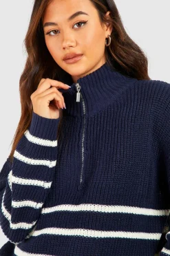 Jumpers|Up To 80% Off Winter Warmers*boohoo Half Zip Stripe Jumper navy