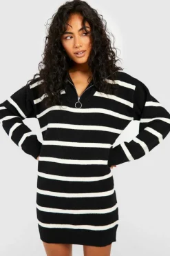 Jumper Dresses|Jumper Dresses*boohoo Half Zip Stripe Jumper Dress black