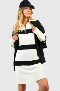 Jumper Dresses|Jumper Dresses*boohoo Half Zip Stripe Jumper Dress ivory