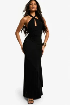 Maxi Dresses*boohoo Halter Drape Slinky Maxi Dress black