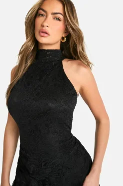 Skater Dresses*boohoo Halter Neck Lace Hanky Hem Mini Dress black