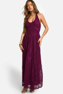 Skater Dresses|Maxi Dresses*boohoo Halter Neck Lace Maxi Dress plum