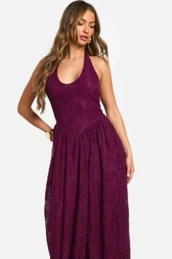 Skater Dresses|Maxi Dresses*boohoo Halter Neck Lace Maxi Dress plum