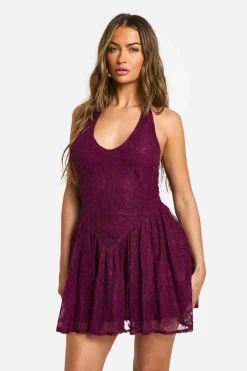 Skater Dresses|Mini Dresses*boohoo Halter Neck Lace Mini Dress plum