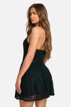 Skater Dresses*boohoo Halter Neck Lace Mini Dress black