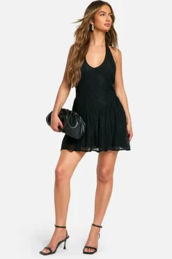 Skater Dresses*boohoo Halter Neck Lace Mini Dress black