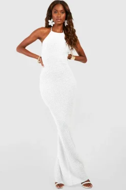Jumper Dresses|Jumper Dresses*boohoo Halterneck Crochet Maxi Dress white