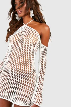 Jumper Dresses|Jumper Dresses*boohoo Halterneck Open Crochet Mini Dress white