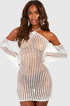 Jumper Dresses|Jumper Dresses*boohoo Halterneck Open Crochet Mini Dress white