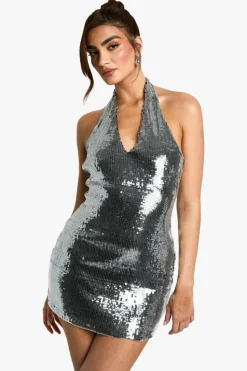 Mini Dresses|Dresses*boohoo Halterneck Sequin Mini Dress silver