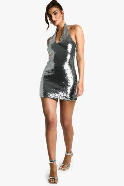 Mini Dresses|Dresses*boohoo Halterneck Sequin Mini Dress silver