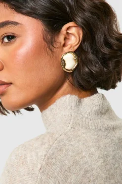 Statement Earrings|Earrings*boohoo Hammered Metal Stone Detail Statement Stud Earrings gold
