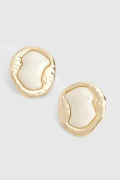Statement Earrings|Earrings*boohoo Hammered Metal Stone Detail Statement Stud Earrings gold
