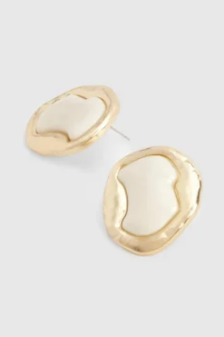 Statement Earrings|Earrings*boohoo Hammered Metal Stone Detail Statement Stud Earrings gold