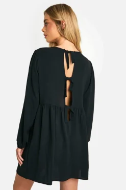 Smock Dresses*boohoo Hammered Tie Back Long Sleeve Smock Dress black