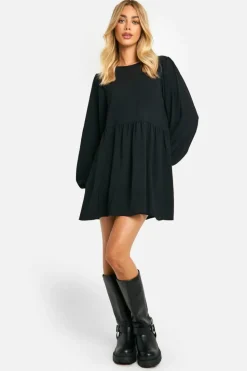Smock Dresses*boohoo Hammered Tie Back Long Sleeve Smock Dress black