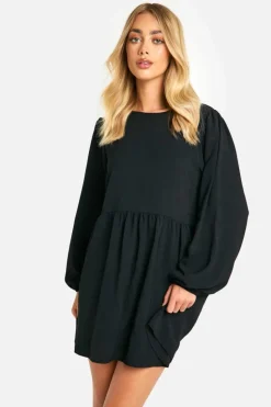 Smock Dresses*boohoo Hammered Tie Back Long Sleeve Smock Dress black