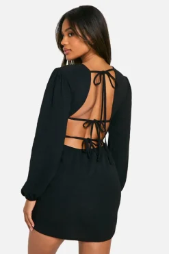Smock Dresses*boohoo Hammered Tie Back Smock Dress black