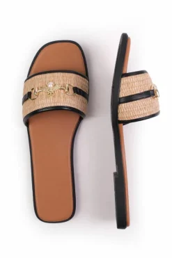 Sandals*Where's That From Harmony' Pu Straw Detail Strap Sandals Black