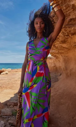 Wrap Dresses*Dancing Leopard Harmony Tropical Print Dress Tulip Skirt Sleeveless Wrap Front Outfit Purple