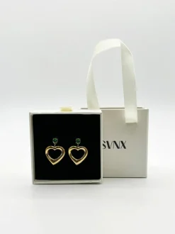Earrings*SVNX Heart Drop Earrings in with Green Stone Gold
