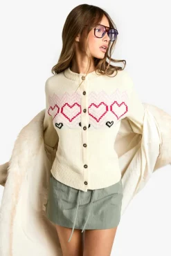 Cardigans|Jumpers & Cardigans*boohoo Heart Fairisle Button Cardigan cream