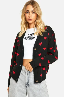 Cardigans|Jumpers*boohoo Heart Print Cropped Cardigan black