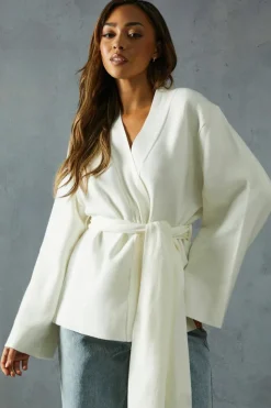 Cardigans*MissPap Heavyweight Knitted Belted Wrap Kimono Cardigan ivory