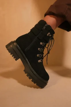 Ankle Boots*Where's That From Heidi' Platform Lace Up Boot With Side Zip And Faux Wool Detail Around The Ankle Black