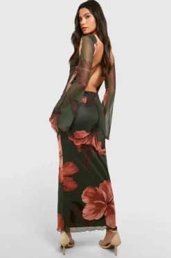 Bodycon Dresses|Maxi Dresses*boohoo Hibiscus Mesh Scoop Back Maxi Dress khaki