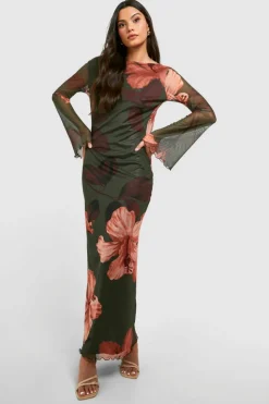 Bodycon Dresses|Maxi Dresses*boohoo Hibiscus Mesh Scoop Back Maxi Dress khaki