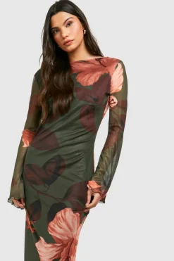 Bodycon Dresses|Maxi Dresses*boohoo Hibiscus Mesh Scoop Back Maxi Dress khaki