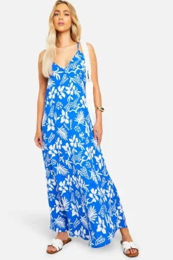 Cami Dresses*boohoo Hibiscus V Neck Strappy Maxi Dress blue