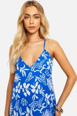 Cami Dresses*boohoo Hibiscus V Neck Strappy Maxi Dress blue