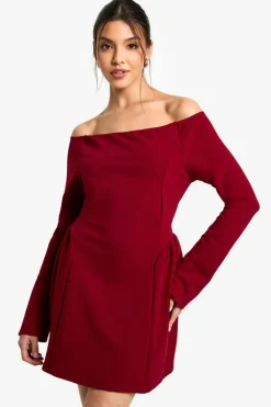 Skater Dresses|Mini Dresses*boohoo High Bardot Tie Back Skater Dress burgundy