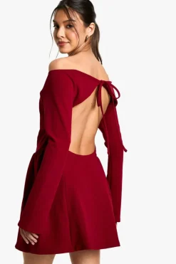 Skater Dresses|Mini Dresses*boohoo High Bardot Tie Back Skater Dress burgundy