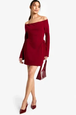 Skater Dresses|Mini Dresses*boohoo High Bardot Tie Back Skater Dress burgundy