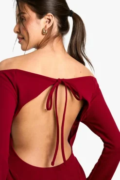 Skater Dresses|Mini Dresses*boohoo High Bardot Tie Back Skater Dress burgundy