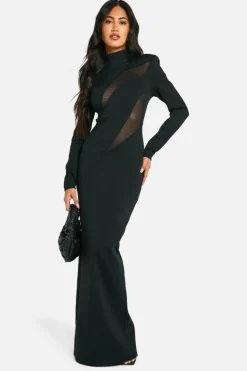 Maxi Dresses|Long Sleeve Dresses*boohoo High Neck Bandage Mesh Insert Maxi Dress black